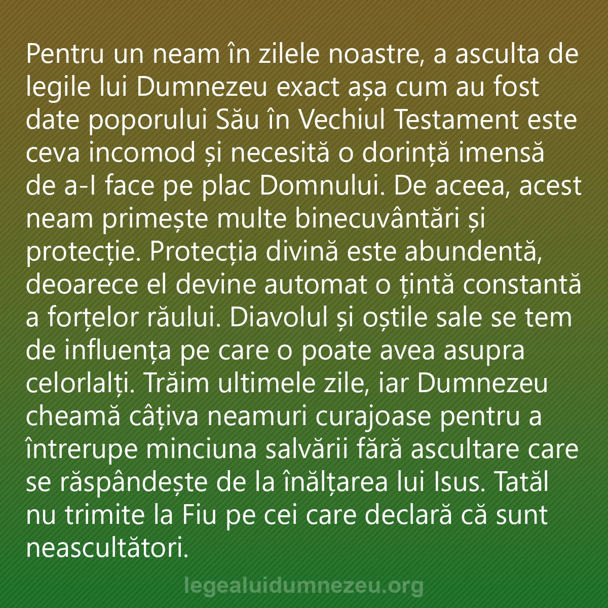 0216 - Postare despre Legea lui Dumnezeu: Pentru un neam în zilele noastre, a asculta de legile...