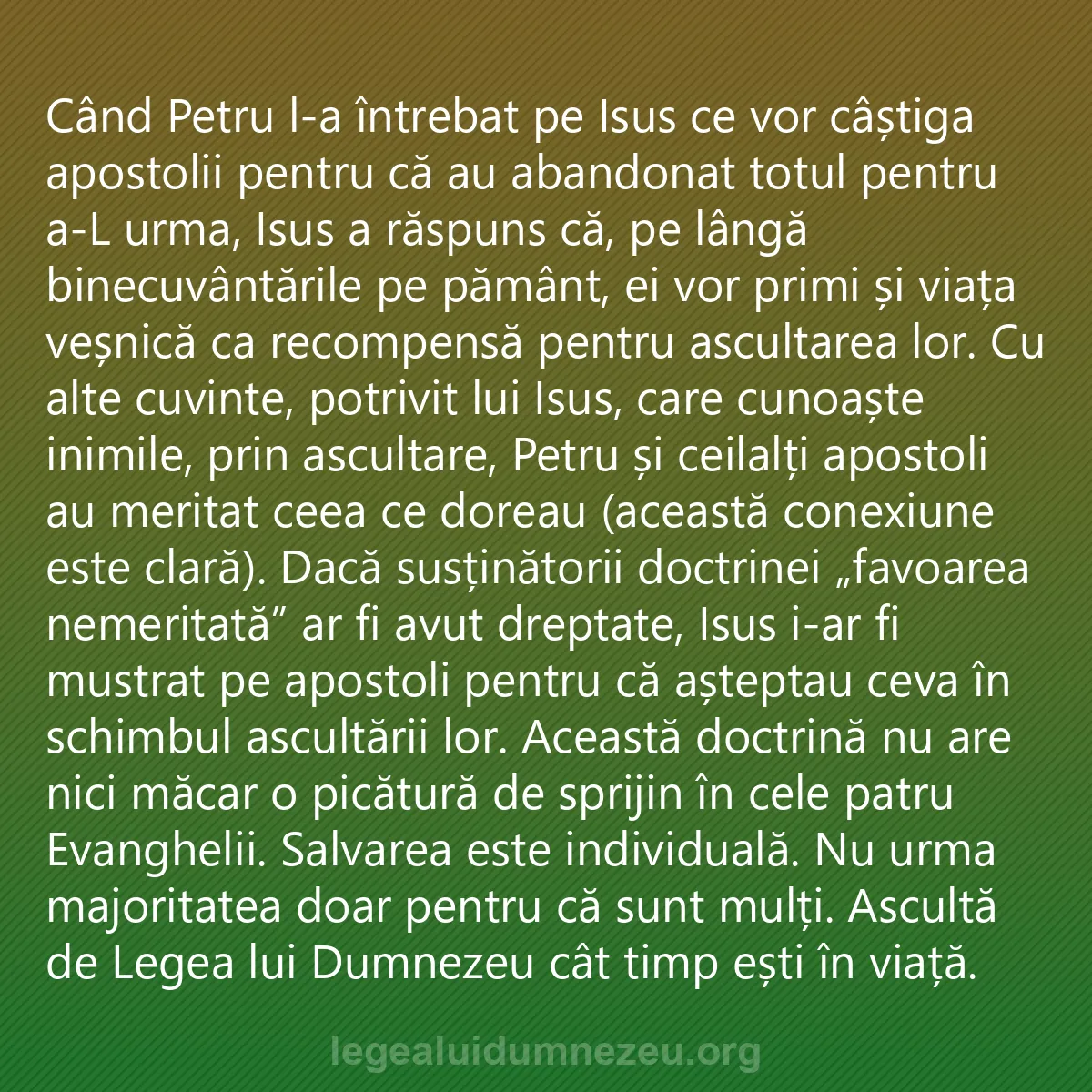 0236 - Postare despre Legea lui Dumnezeu: Când Petru l-a întrebat pe Isus ce vor câștiga apostolii...