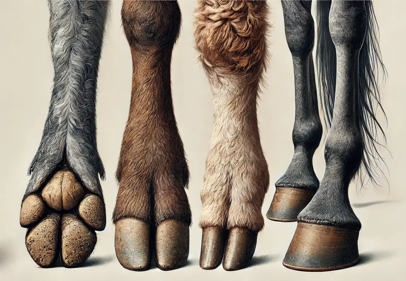 Patru copite ale unor animale diferite, unele despicate, altele solide. Legea biblică despre animalele curate și necurate.
