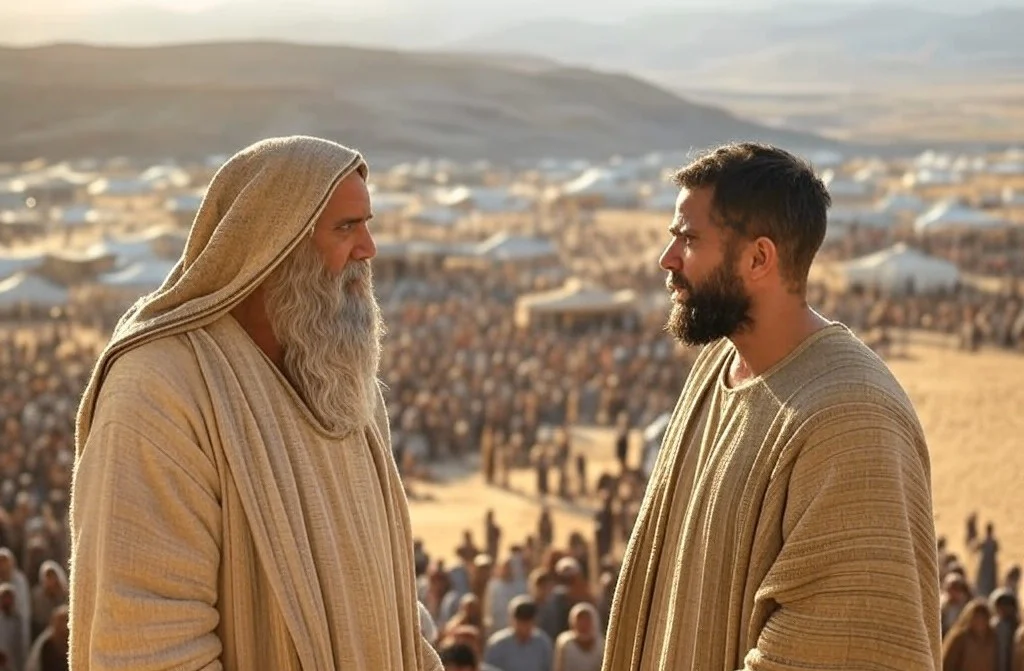 Moise vorbind cu tânărul Iosua în fața mulțimii israeliților.