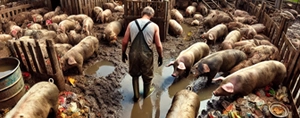 Fermier îngrijind porci într-un țarc murdar, ignorând faptul că Legea lui Dumnezeu interzice carnea necurată.