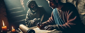 Cărturari israeliți scriind Legea lui Dumnezeu pe un sul.