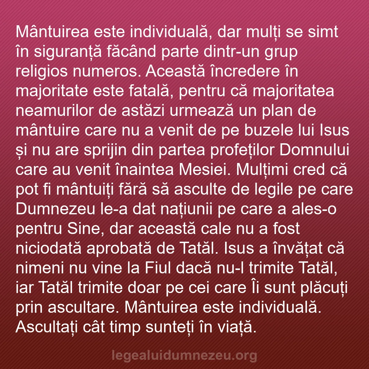 b0059 - Postare despre Legea lui Dumnezeu: Mântuirea este individuală, dar mulți se simt în siguranță făcând...