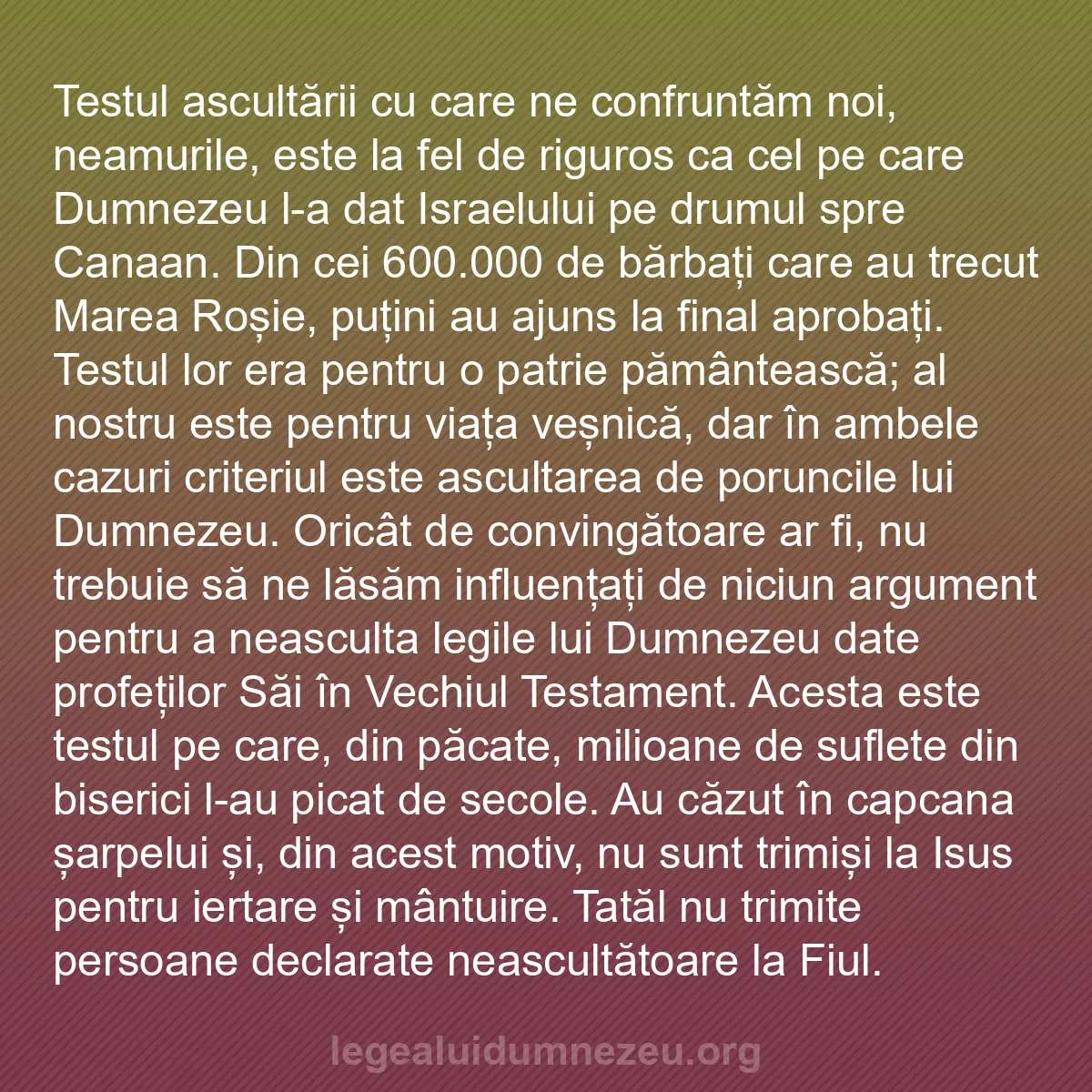 b0108 - Postare despre Legea lui Dumnezeu: Testul ascultării cu care ne confruntăm noi, neamurile, este...