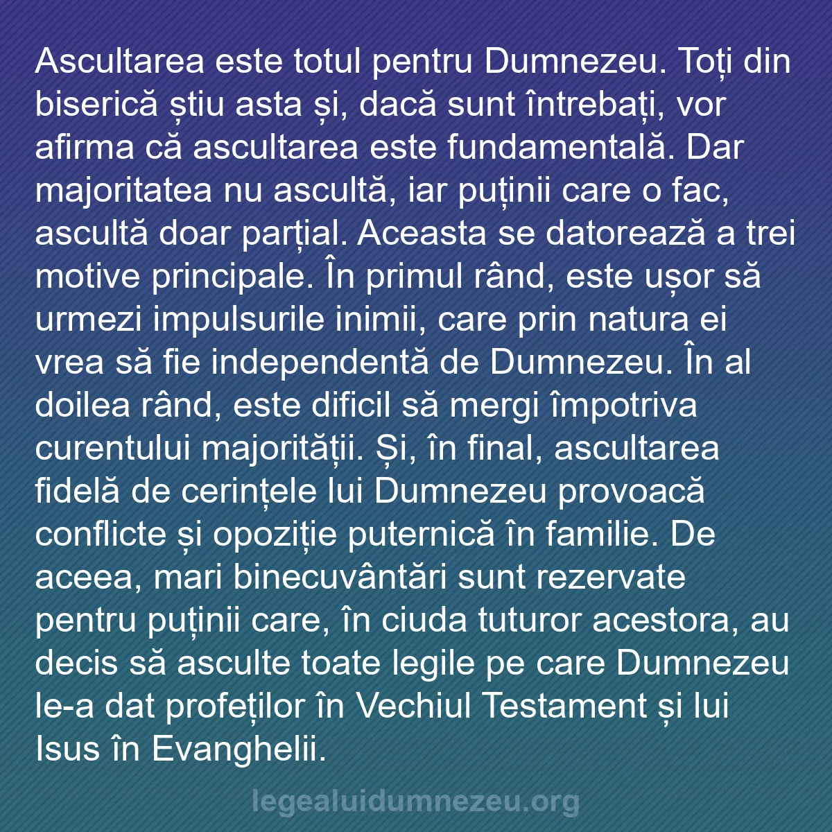 b0117 - Postare despre Legea lui Dumnezeu: Ascultarea este totul pentru Dumnezeu. Toți din biserică știu...
